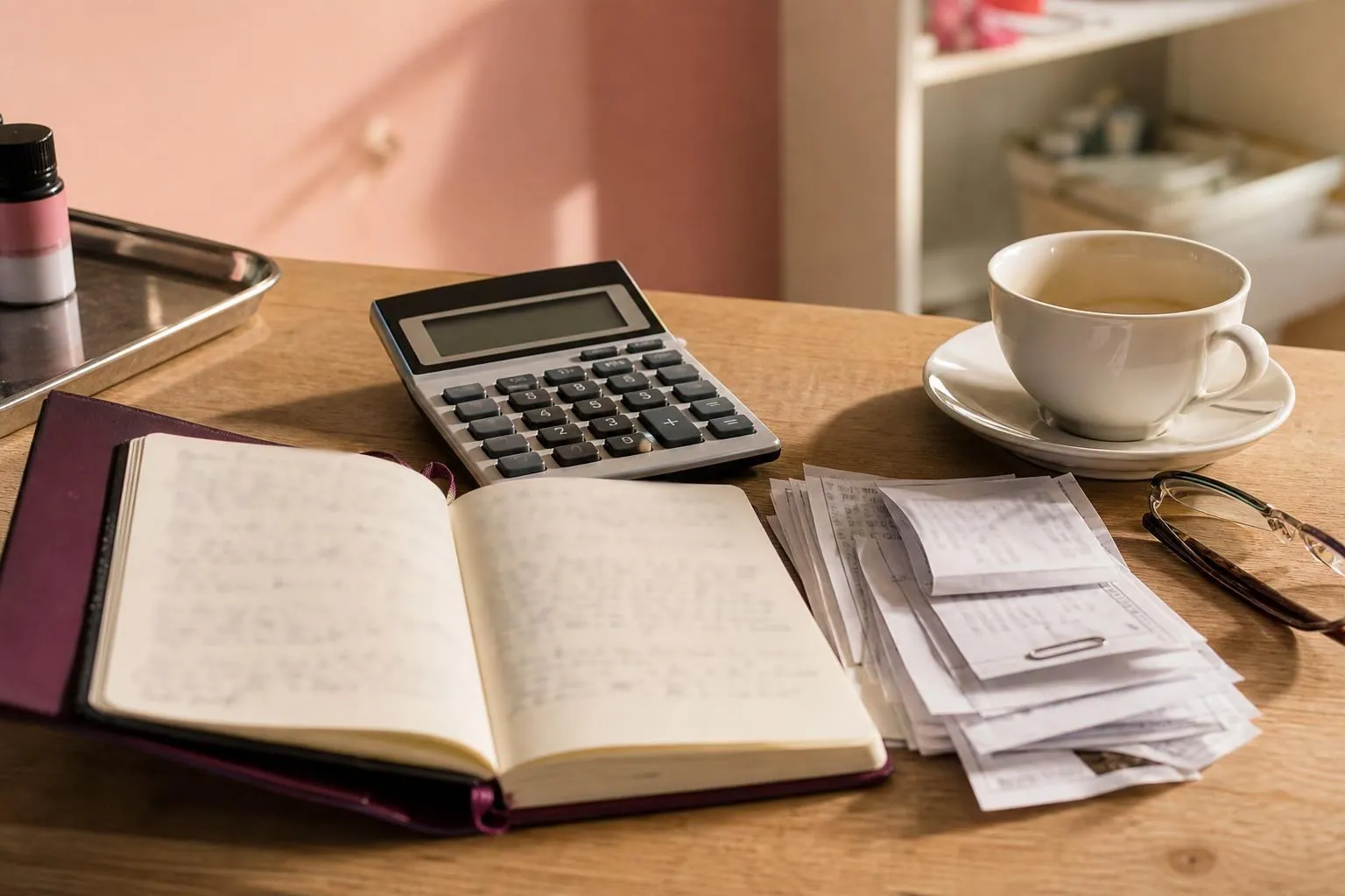 Table d’arrière-boutique avec une calculatrice, des factures empilées, un carnet ouvert et une tasse de café à côté d’un plateau de cabine