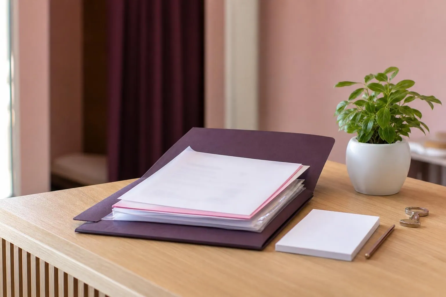 Pochette cartonnée prune remplie de feuillets et de pochettes transparentes, posée sur la banque d’accueil d’un institut avec une plante et un porte-clés