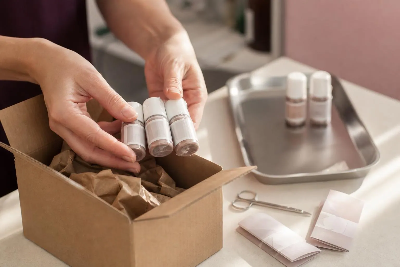 Mains gantées sortant des flacons de pigment neufs d’un carton de livraison ouvert, notices pliées posées à côté sur le plan de travail