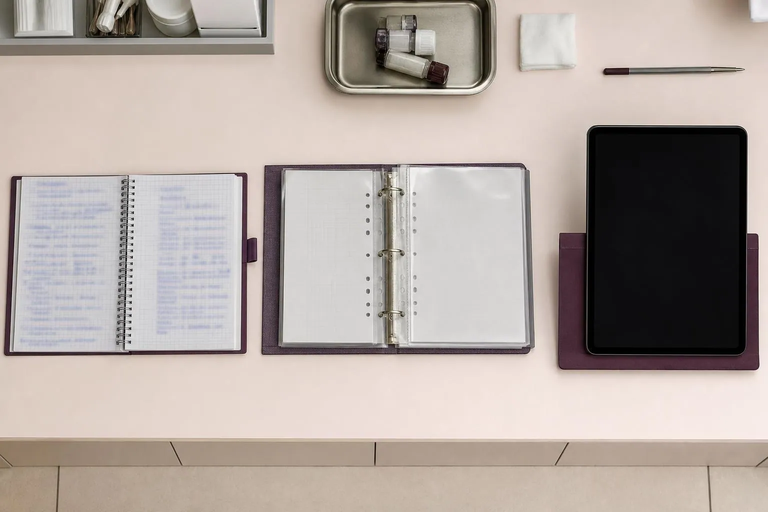 Vue de dessus d’un plan de travail avec un cahier spiralé ouvert, un classeur à anneaux et une tablette éteinte posés côte à côte