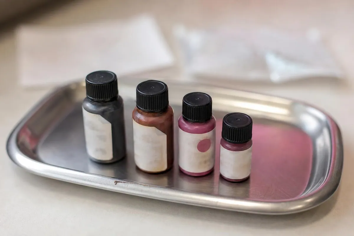 Gros plan de quatre flacons de pigment alignés sur un plateau inox, étiquettes de lot floues, avec un bordereau plié et une compresse à côté