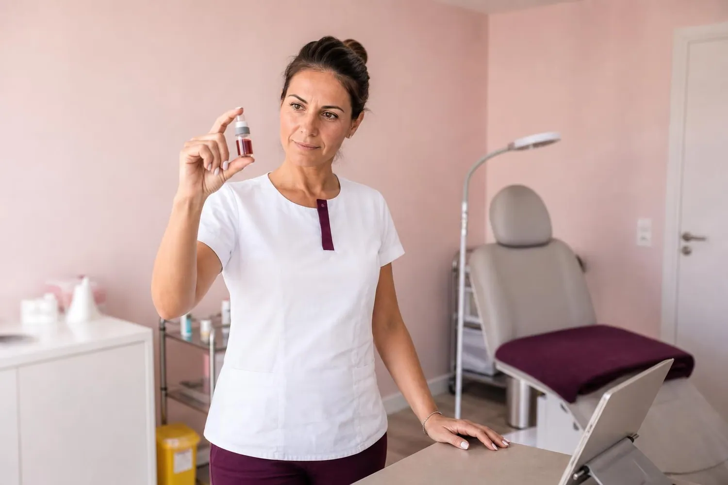 Praticienne en maquillage permanent debout dans sa cabine, un flacon de pigment dans la main droite, une tablette posée sur le plan de travail à côté d’un plateau inox